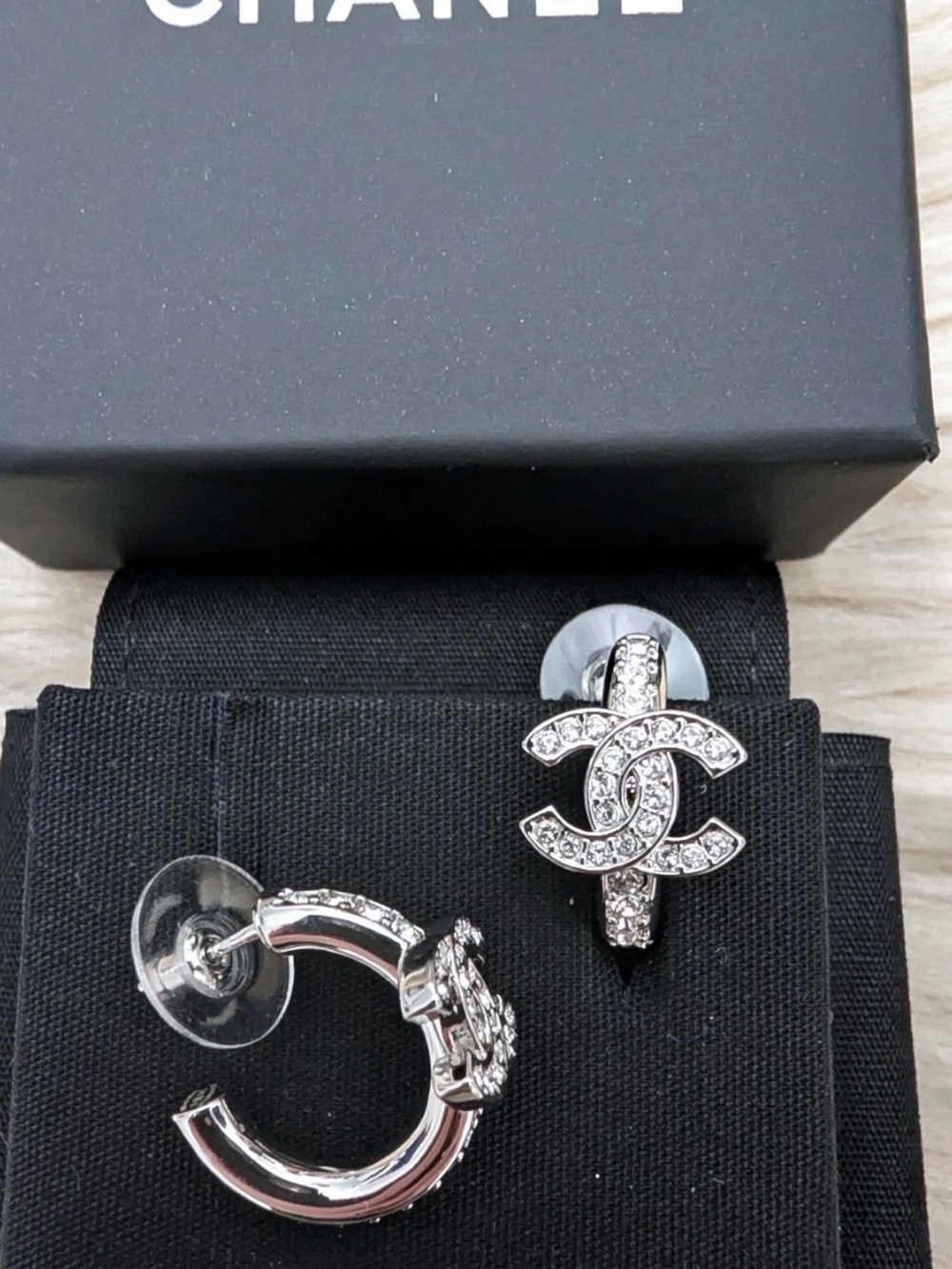CHANEL Silver Crystal CC Hoop Earrings